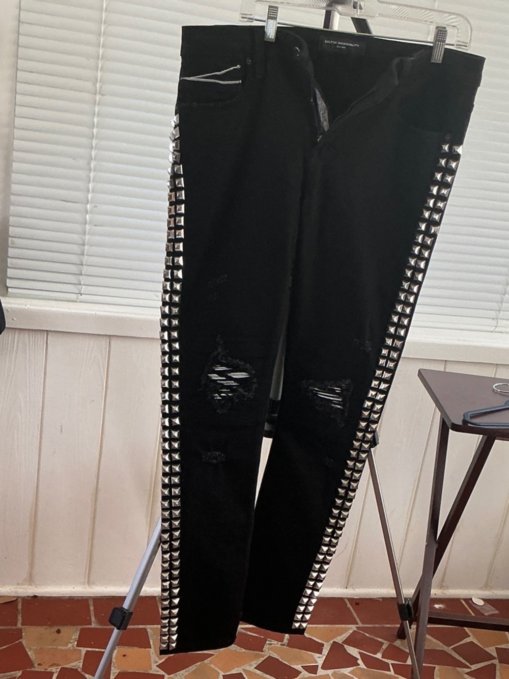 Cult of Individuality Black Skinny Jeans with Silver Pyramid Stud Trim